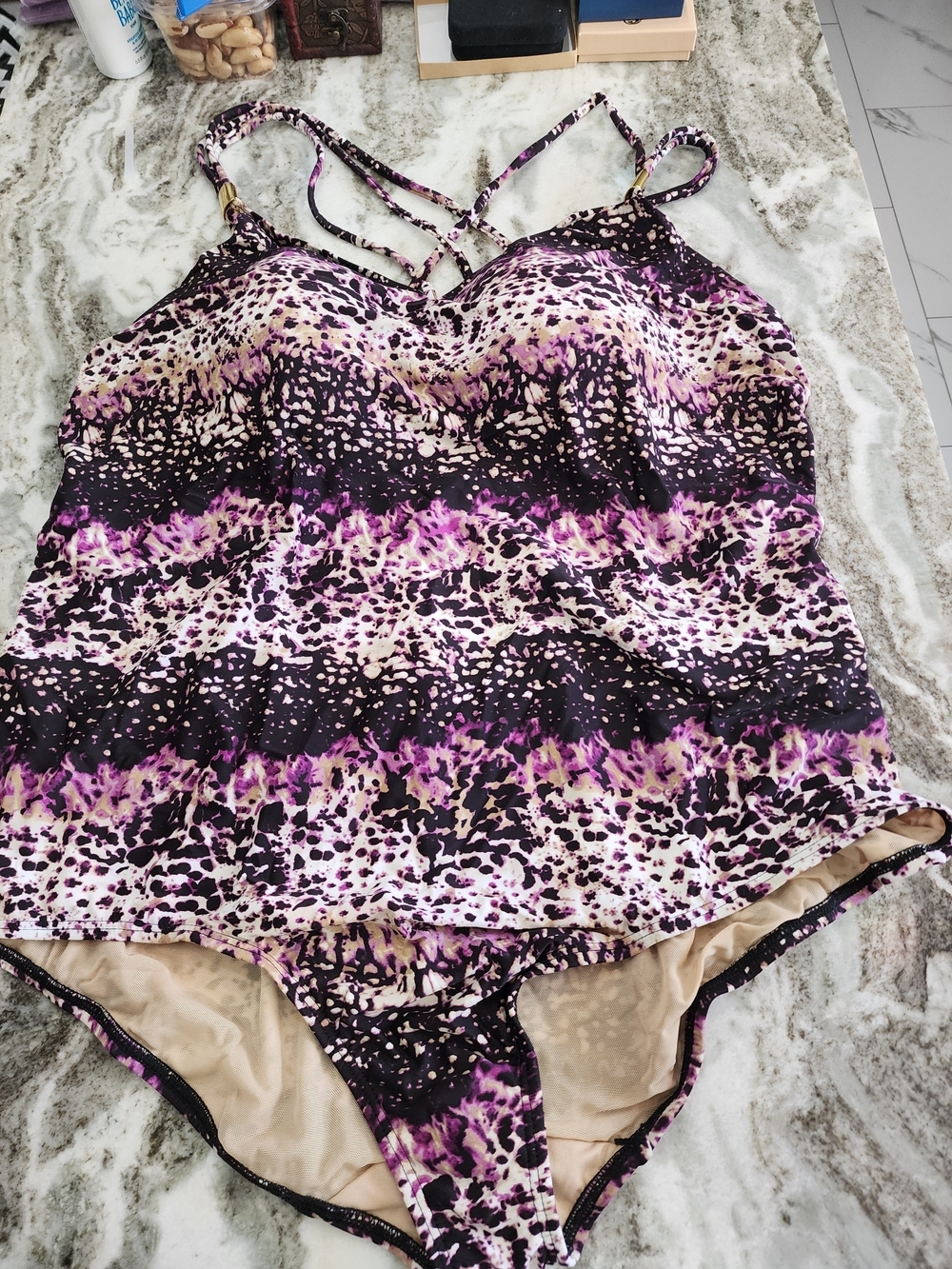 Patterned Purple & Cream One-Piece Swimsuit with Strappy Back